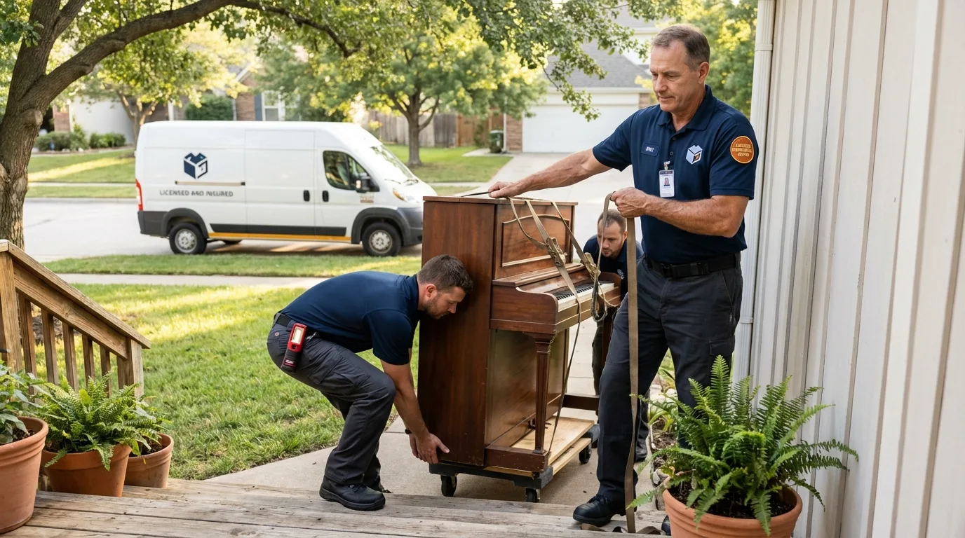 Licensed piano movers securing grand piano in Bluff City, TN