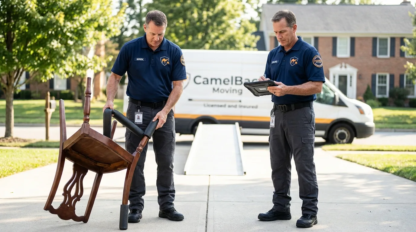 Movers inspecting furniture for damage prevention before loading in Bluff City, TN