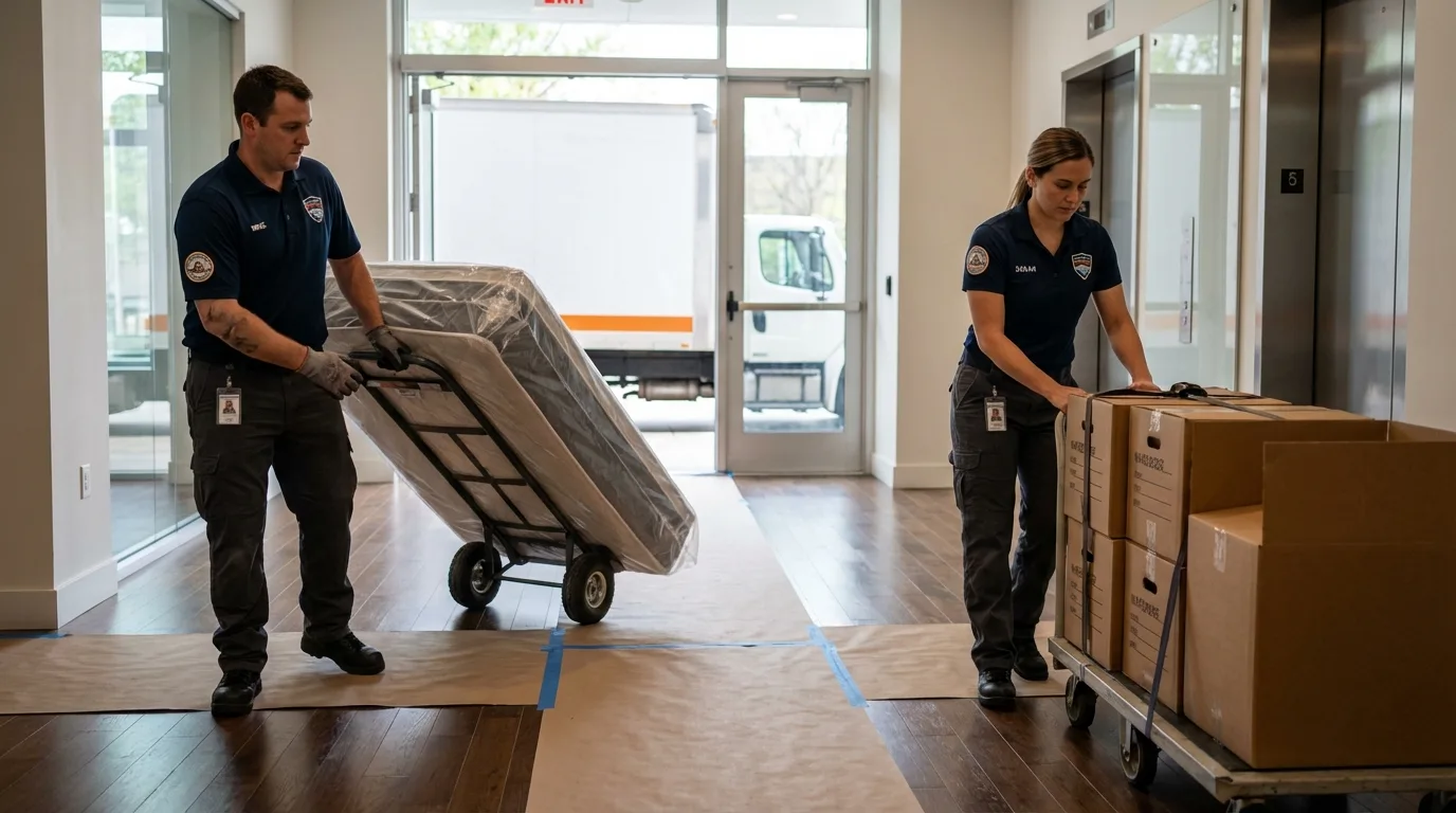 Professional apartment movers loading elevator in Bluff City, TN
